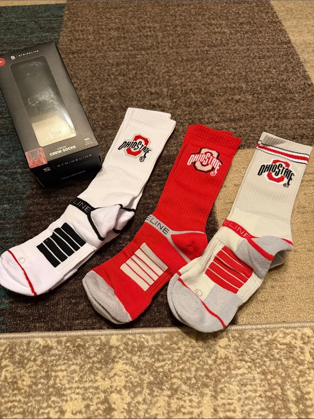 Ohio Staye Athletic Crew Socks - White, Red, Gray - Striped Performance Design